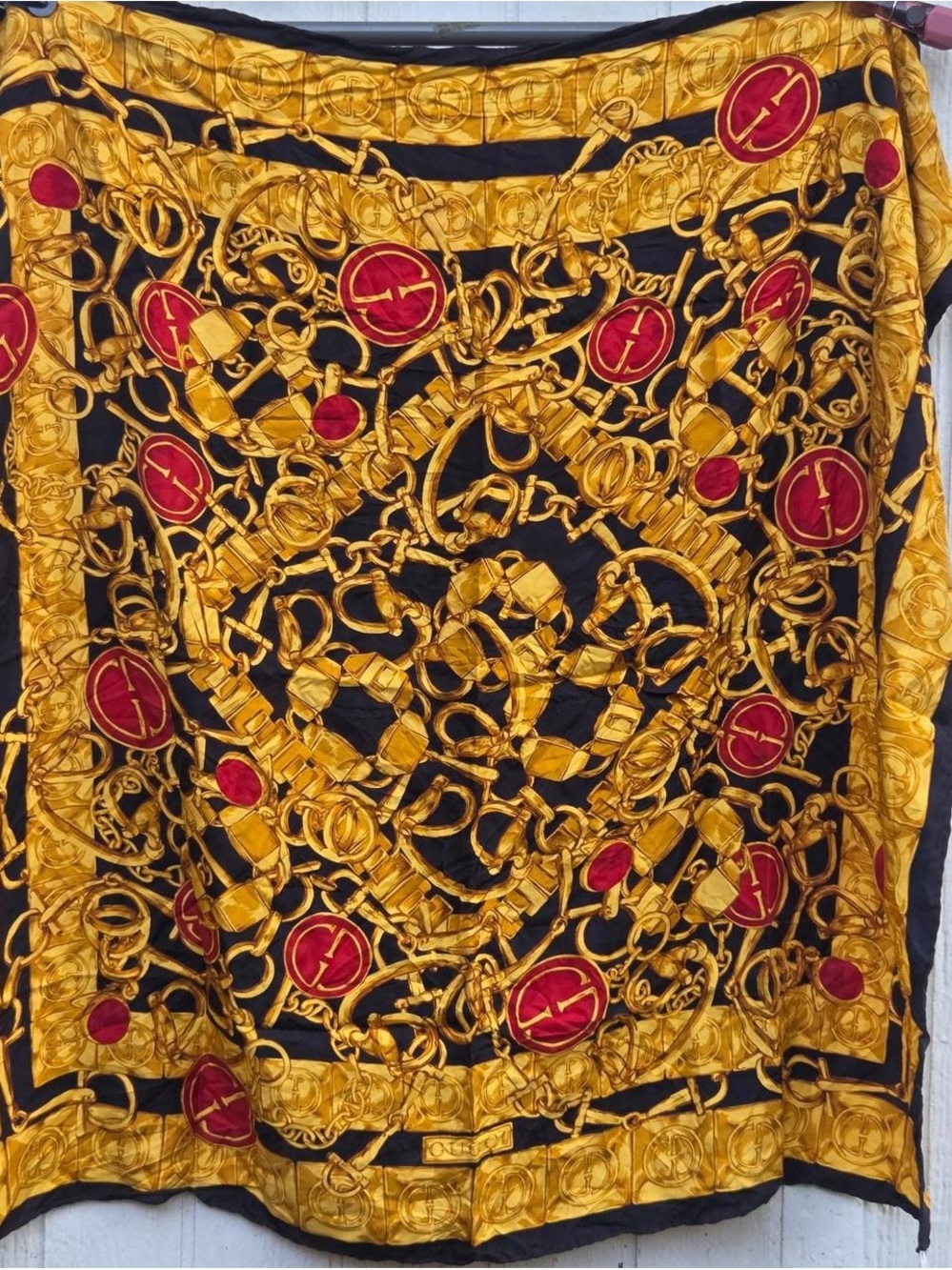 Gucci Black, Gold & Red Chain Print Silk Scarf